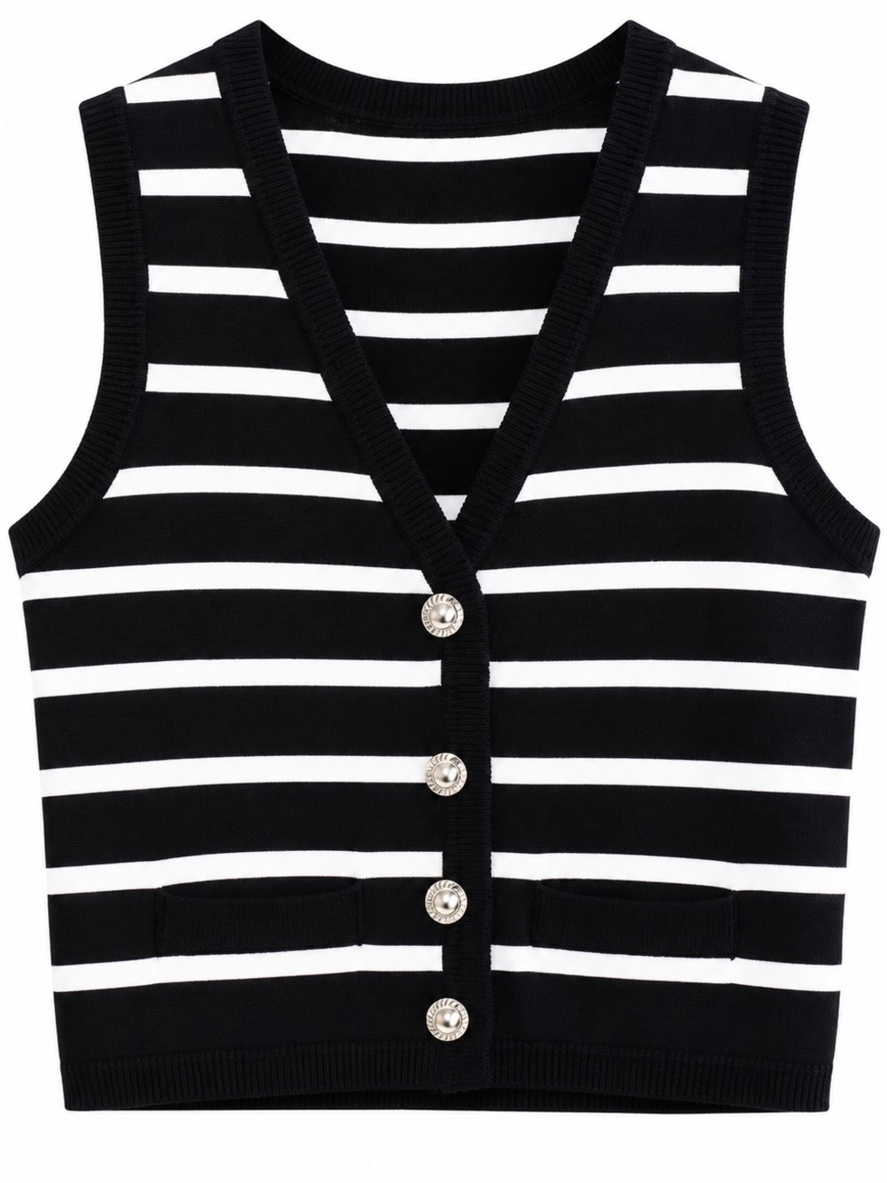 Women’s Black & White Striped Knit Vest with Button Front